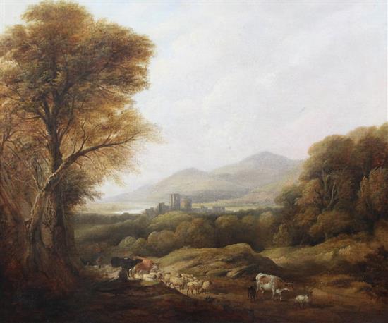 Henry Jutsum (1812-1888) Cattle and drover in a landscape, a castle beyond 24.5 x 29.5in.